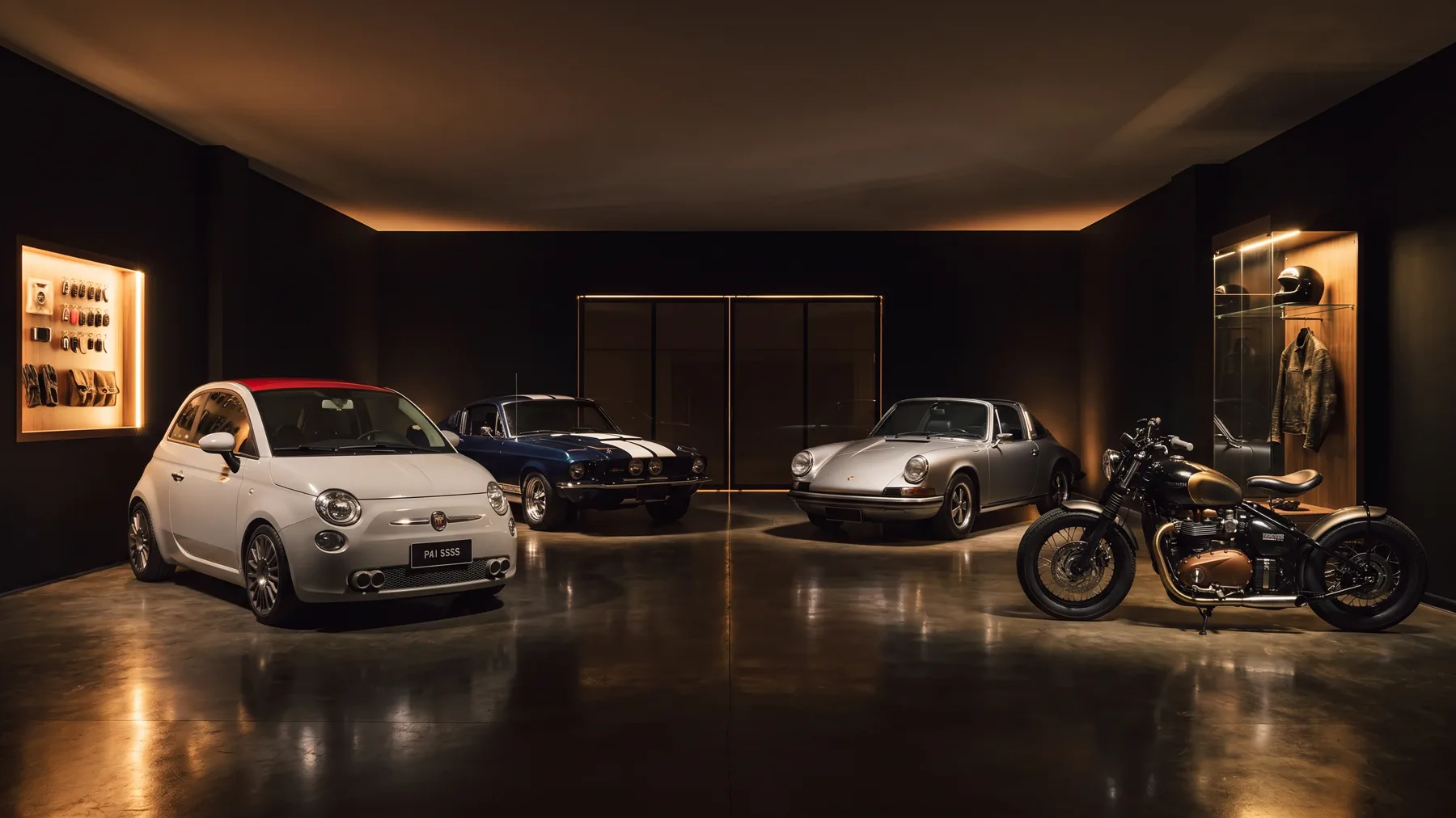 Зал целиком: Abarth 595, Mustang Shelby, Porsche 911 Targa и Triumph Bobber стоят в своём свете, фары выключены, ниша с ключами светится слева